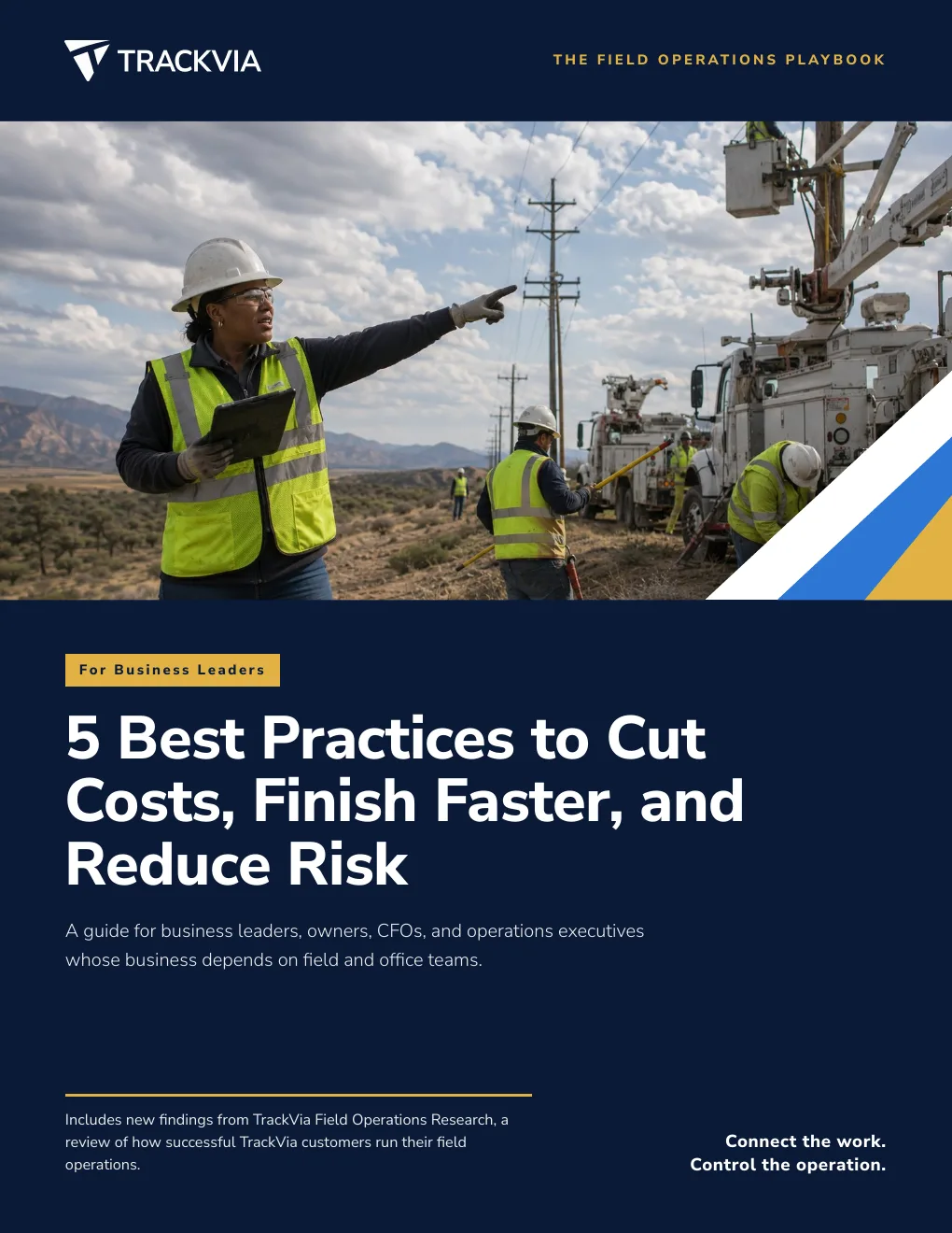Cover of the TrackVia report for business leaders: five best practices to cut costs, finish faster, and reduce risk