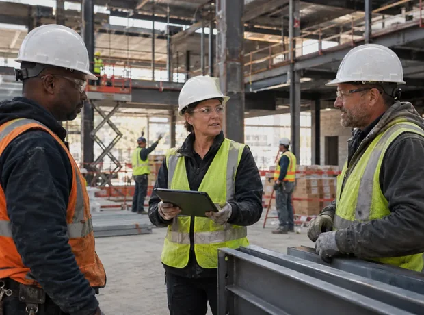 Three site workers talking over a tablet on a steel-frame construction site