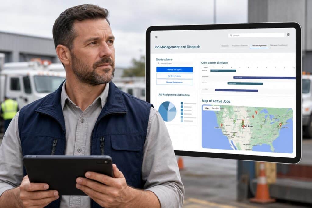 Field operations supervisor using TrackVia scheduling and active-job mapping to coordinate changing plans.
