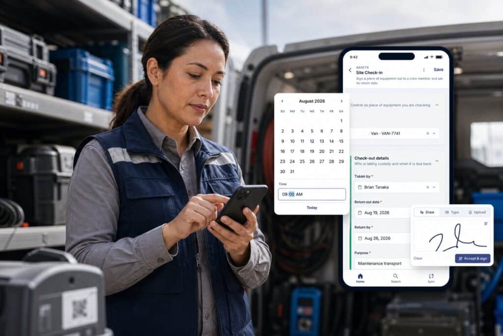 Field technician using TrackVia to check out equipment and maintain asset visibility.
