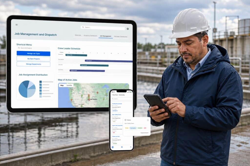 State environmental inspector updating field tasks beside TrackVia’s real-time dispatch dashboard.