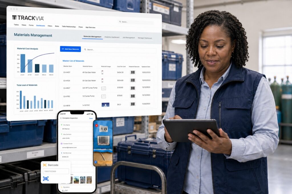 Woman managing university inventory with TrackVia materials dashboard and mobile barcode-scanning workflow.